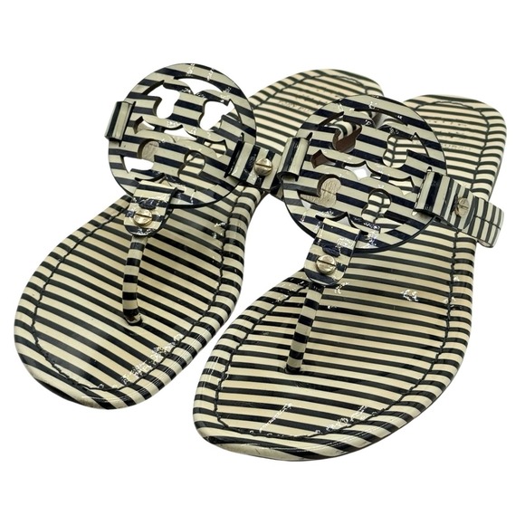 Tory Burch Miller Sandals Women's 8.5M Striped Black Cream Thong Flip Flops - Picture 2 of 12
